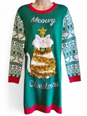 🐱 NWOT Allison Britney Meowy Christmas Cat Ugly Sweater Dress M
